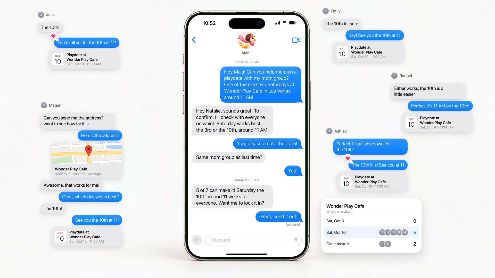 Maia's texts with seven moms around a phone, a tally showing five can make Saturday, October 10, and the confirmed playdate.